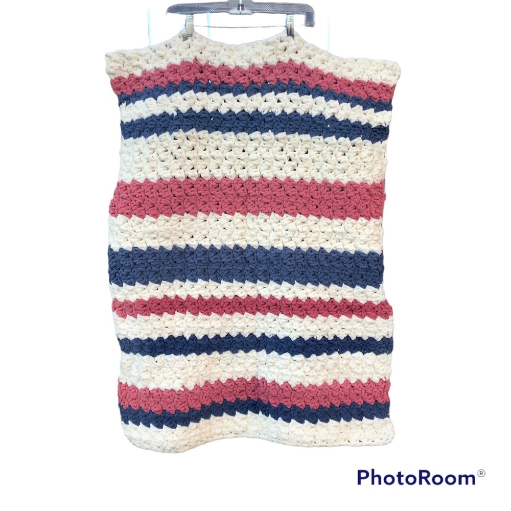 Hand crocheted baby blanket Velour Striped 38”x29”